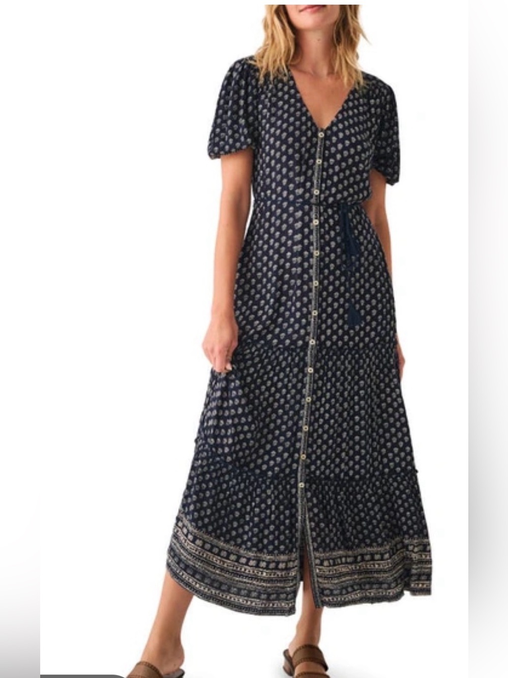 FAHERTY Orinda Floral Maxi Dress Lotus Floral Printโ Women XS navy blue flowy